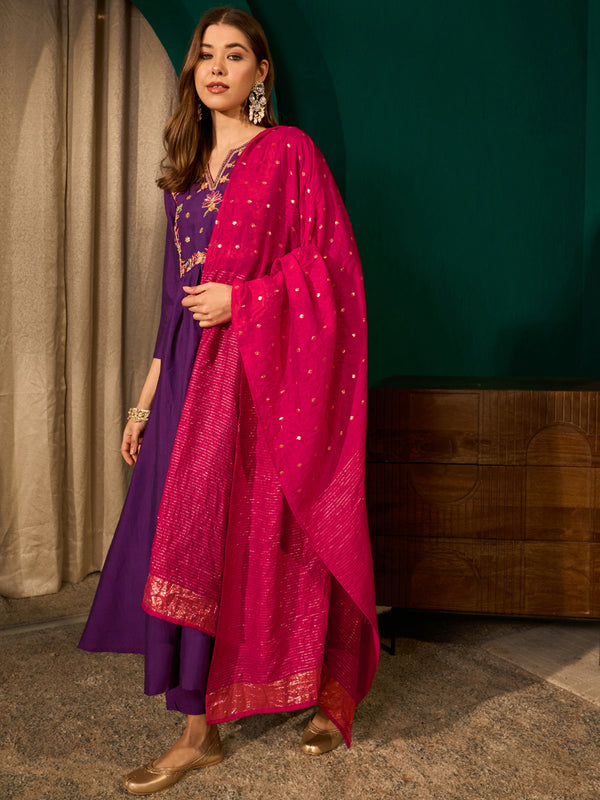 Women's Silk Slub Embroidered Flared Kurta Pant & Jacquard Zari Dupatta Set