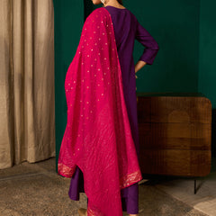 Women's Silk Slub Embroidered Flared Kurta Pant & Jacquard Zari Dupatta Set