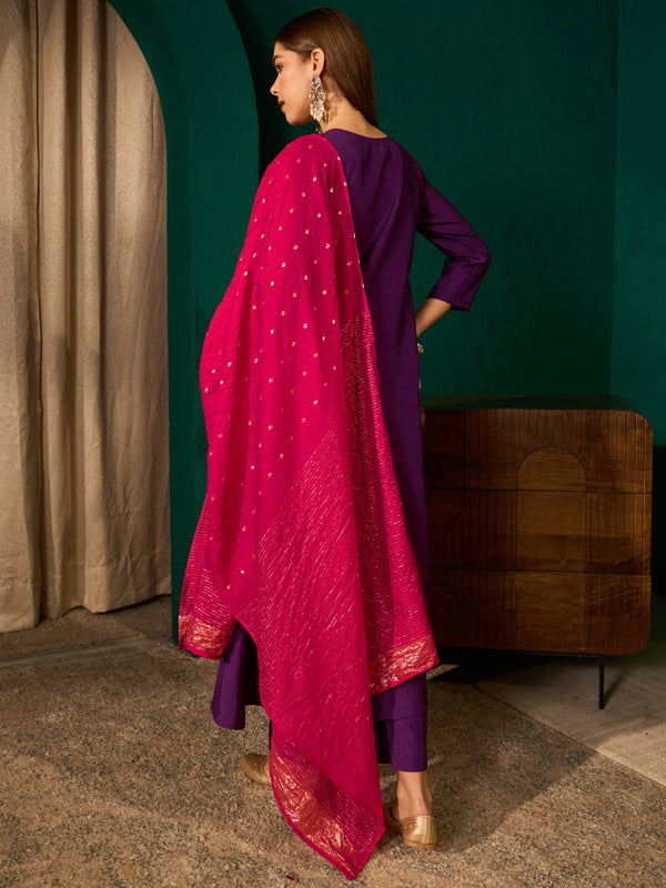 Women's Silk Slub Embroidered Flared Kurta Pant & Jacquard Zari Dupatta Set