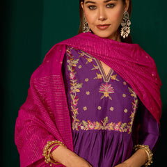 Women's Silk Slub Embroidered Flared Kurta Pant & Jacquard Zari Dupatta Set