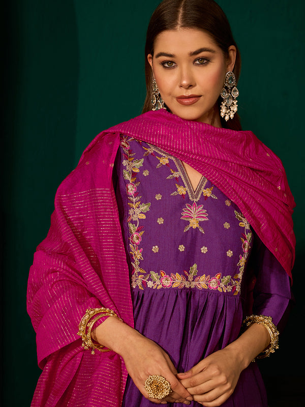 Women's Silk Slub Embroidered Flared Kurta Pant & Jacquard Zari Dupatta Set
