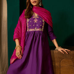 Women's Silk Slub Embroidered Flared Kurta Pant & Jacquard Zari Dupatta Set