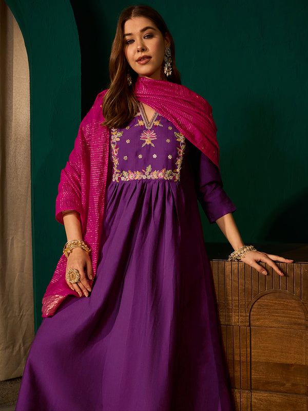 Women's Silk Slub Embroidered Flared Kurta Pant & Jacquard Zari Dupatta Set