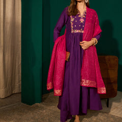 Women's Silk Slub Embroidered Flared Kurta Pant & Jacquard Zari Dupatta Set