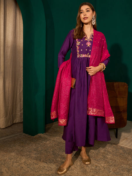 Women's Silk Slub Embroidered Flared Kurta Pant & Jacquard Zari Dupatta Set