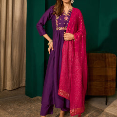 Women's Silk Slub Embroidered Flared Kurta Pant & Jacquard Zari Dupatta Set
