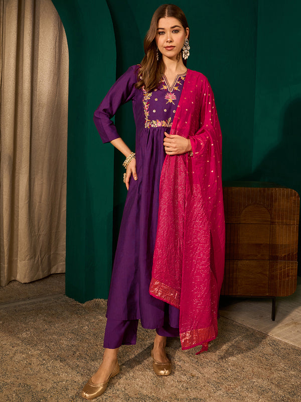 Women's Silk Slub Embroidered Flared Kurta Pant & Jacquard Zari Dupatta Set