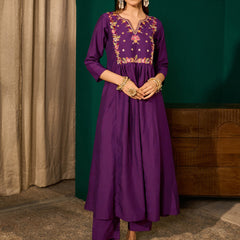 Women's Silk Slub Embroidered Flared Kurta Pant & Jacquard Zari Dupatta Set