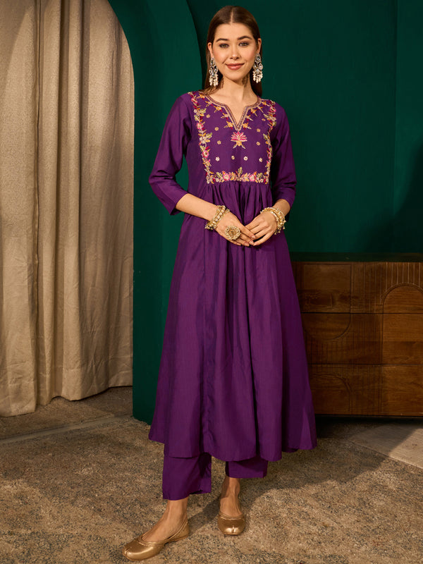 Women's Silk Slub Embroidered Flared Kurta Pant & Jacquard Zari Dupatta Set