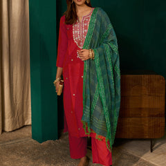 Women's Silk Slub Embroidered Straight Kurta Pant & Jacquard Dupatta Set