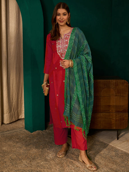 Women's Silk Slub Embroidered Straight Kurta Pant & Jacquard Dupatta Set