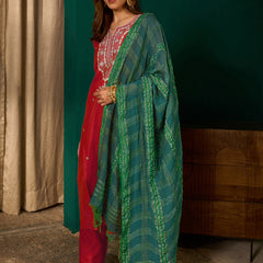 Women's Silk Slub Embroidered Straight Kurta Pant & Jacquard Dupatta Set