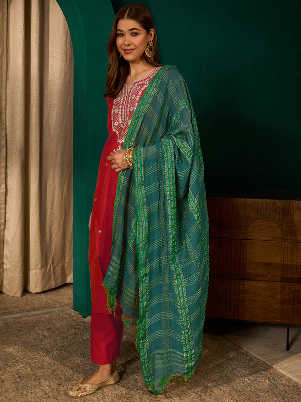 Women's Silk Slub Embroidered Straight Kurta Pant & Jacquard Dupatta Set
