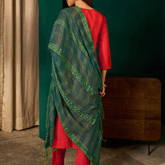 Women's Silk Slub Embroidered Straight Kurta Pant & Jacquard Dupatta Set