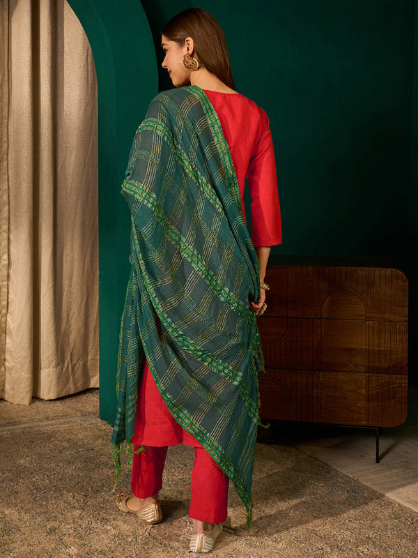 Women's Silk Slub Embroidered Straight Kurta Pant & Jacquard Dupatta Set
