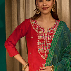 Women's Silk Slub Embroidered Straight Kurta Pant & Jacquard Dupatta Set