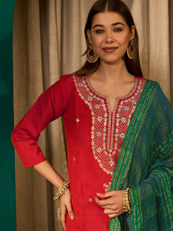 Women's Silk Slub Embroidered Straight Kurta Pant & Jacquard Dupatta Set