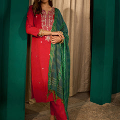 Women's Silk Slub Embroidered Straight Kurta Pant & Jacquard Dupatta Set