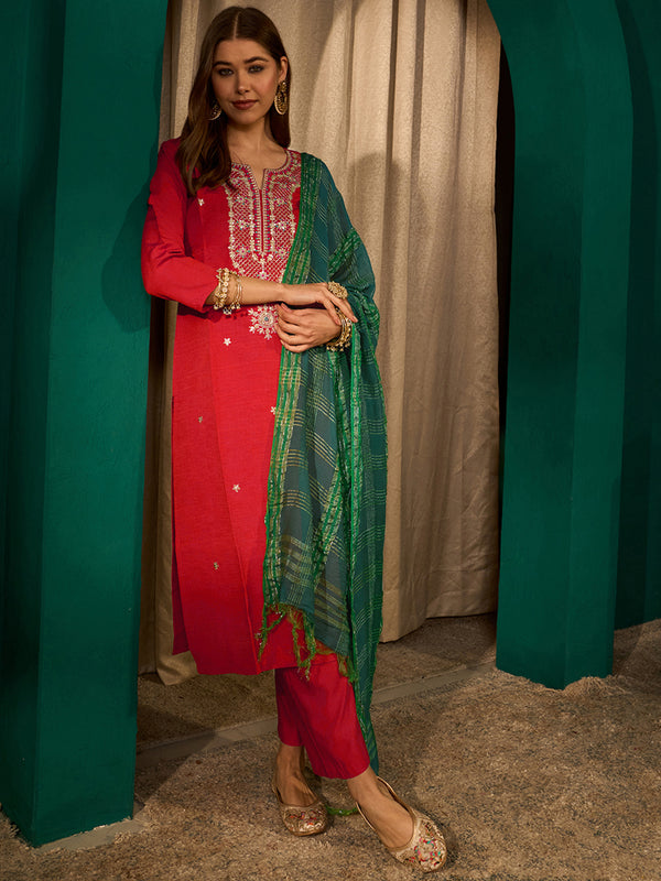 Women's Silk Slub Embroidered Straight Kurta Pant & Jacquard Dupatta Set