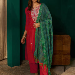 Women's Silk Slub Embroidered Straight Kurta Pant & Jacquard Dupatta Set