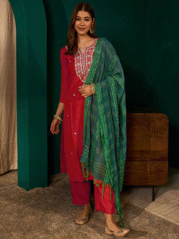 Women's Silk Slub Embroidered Straight Kurta Pant & Jacquard Dupatta Set