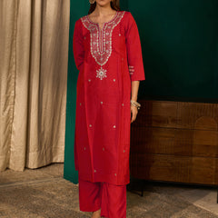 Women's Silk Slub Embroidered Straight Kurta Pant & Jacquard Dupatta Set