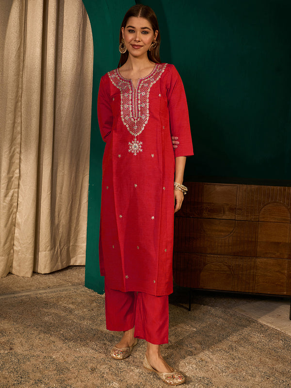Women's Silk Slub Embroidered Straight Kurta Pant & Jacquard Dupatta Set