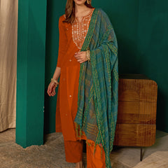Women's Silk Slub Embroidered Straight Kurta Pant & Jacquard Dupatta Set