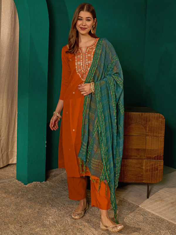 Women's Silk Slub Embroidered Straight Kurta Pant & Jacquard Dupatta Set