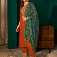 Women's Silk Slub Embroidered Straight Kurta Pant & Jacquard Dupatta Set