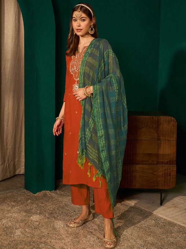 Women's Silk Slub Embroidered Straight Kurta Pant & Jacquard Dupatta Set