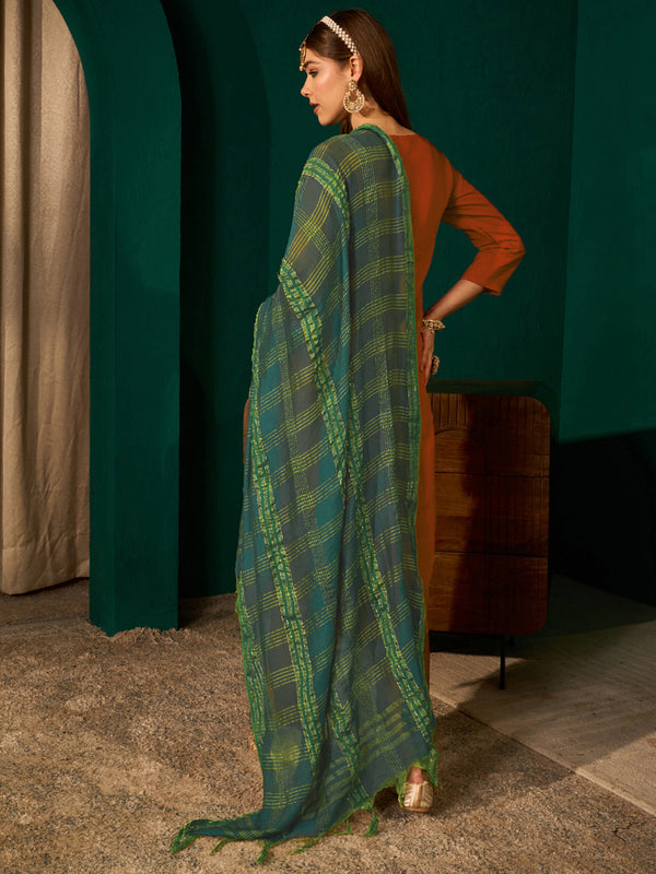 Women's Silk Slub Embroidered Straight Kurta Pant & Jacquard Dupatta Set