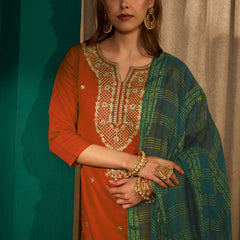 Women's Silk Slub Embroidered Straight Kurta Pant & Jacquard Dupatta Set