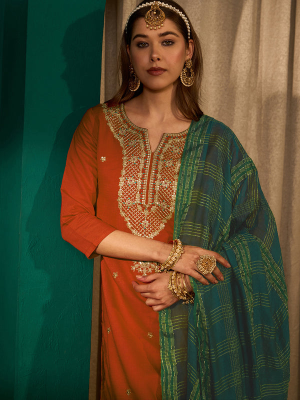 Women's Silk Slub Embroidered Straight Kurta Pant & Jacquard Dupatta Set