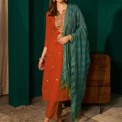 Women's Silk Slub Embroidered Straight Kurta Pant & Jacquard Dupatta Set