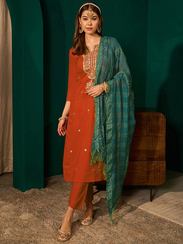 Women's Silk Slub Embroidered Straight Kurta Pant & Jacquard Dupatta Set