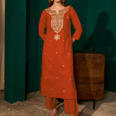 Women's Silk Slub Embroidered Straight Kurta Pant & Jacquard Dupatta Set