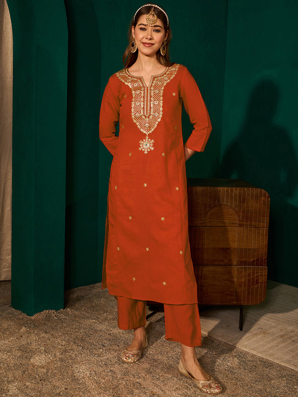 Women's Silk Slub Embroidered Straight Kurta Pant & Jacquard Dupatta Set