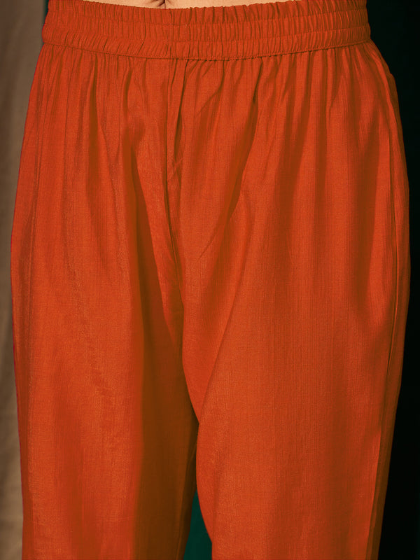 Women's Silk Slub Embroidered Straight Kurta Pant & Jacquard Dupatta Set