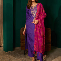 Women's Silk Slub Embroidered Straight Kurta Pant & Jacquard Dupatta Set
