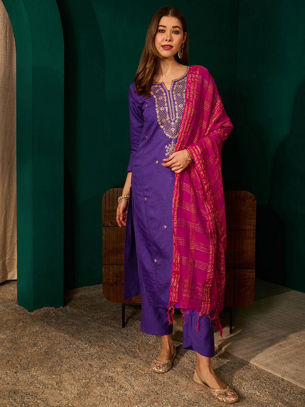 Women's Silk Slub Embroidered Straight Kurta Pant & Jacquard Dupatta Set