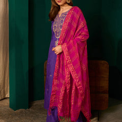 Women's Silk Slub Embroidered Straight Kurta Pant & Jacquard Dupatta Set