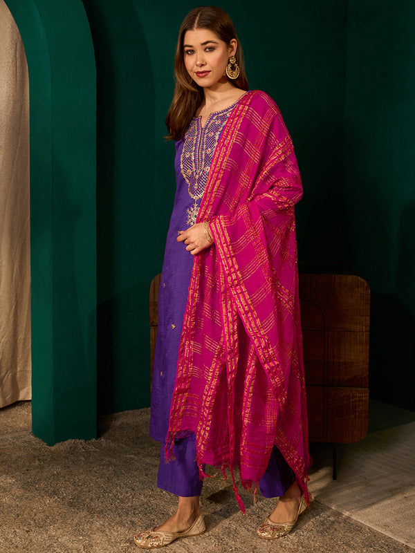 Women's Silk Slub Embroidered Straight Kurta Pant & Jacquard Dupatta Set