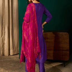 Women's Silk Slub Embroidered Straight Kurta Pant & Jacquard Dupatta Set