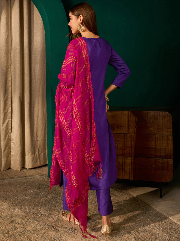 Women's Silk Slub Embroidered Straight Kurta Pant & Jacquard Dupatta Set