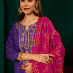 Women's Silk Slub Embroidered Straight Kurta Pant & Jacquard Dupatta Set
