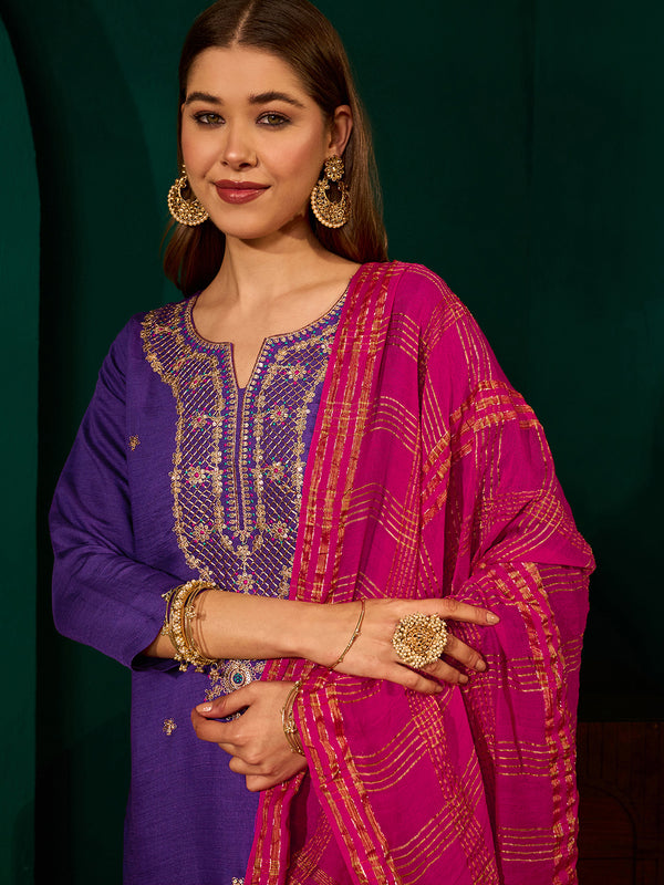 Women's Silk Slub Embroidered Straight Kurta Pant & Jacquard Dupatta Set