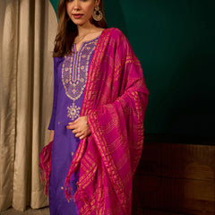 Women's Silk Slub Embroidered Straight Kurta Pant & Jacquard Dupatta Set