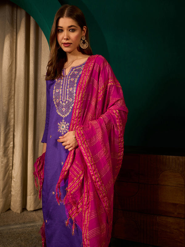 Women's Silk Slub Embroidered Straight Kurta Pant & Jacquard Dupatta Set