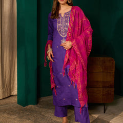 Women's Silk Slub Embroidered Straight Kurta Pant & Jacquard Dupatta Set